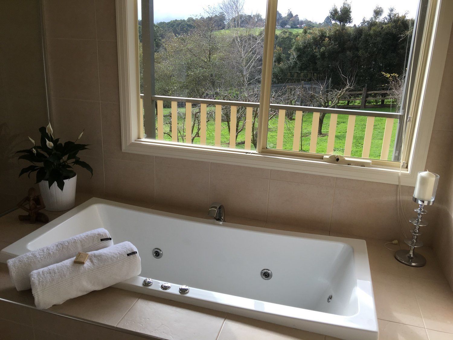 A bathroom with a large bathtub, a window with a view of a green landscape, and a potted plant.
