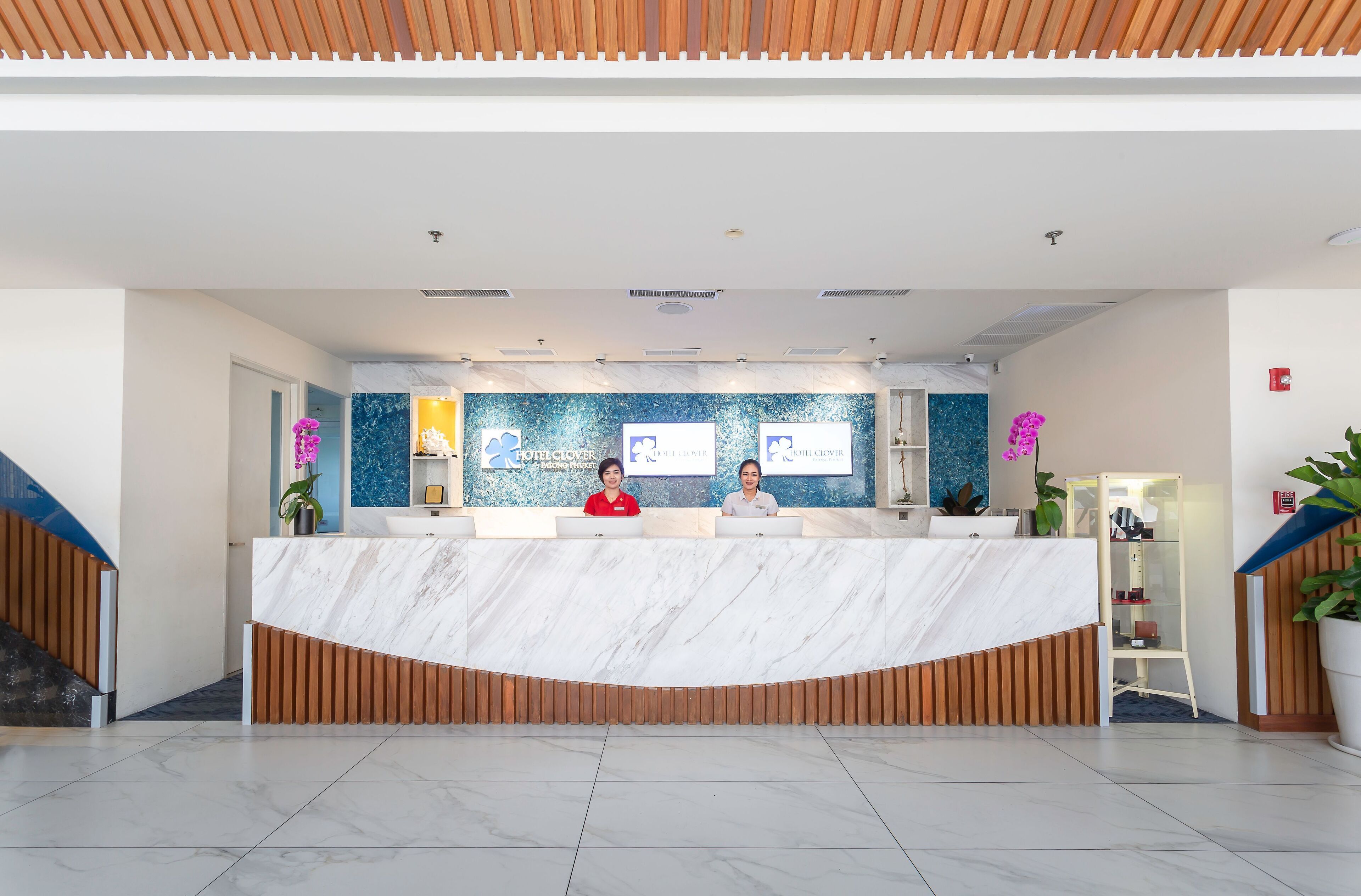 A reception desk with two staff members, a blue wall with a logo, and a potted plant.