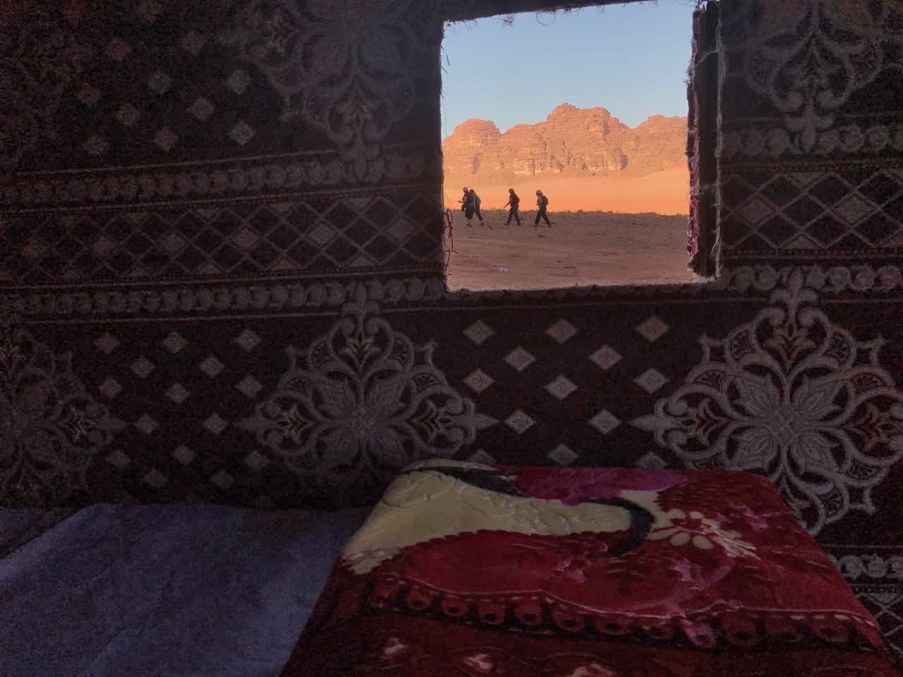 A room with a patterned wall and a window overlooking a desert landscape.