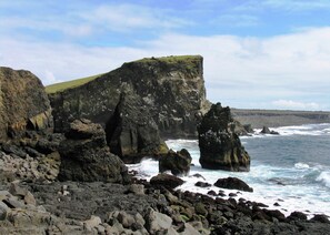 A rugged coastline with prominent rock formations and a grassy cliff edge. - Reykjanes Guesthouse (Grindavik)