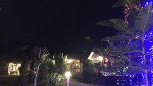 Ein Weg führt zu einem Gebäude mit beleuchteten Fenstern und einem Weihnachtsbaum, der mit blauen Lichtern geschmückt ist.