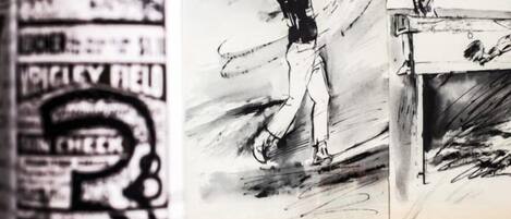 Een collage van zwart-wit tekeningen, waaronder een persoon met een surfplank en een ander in een gebogen houding.