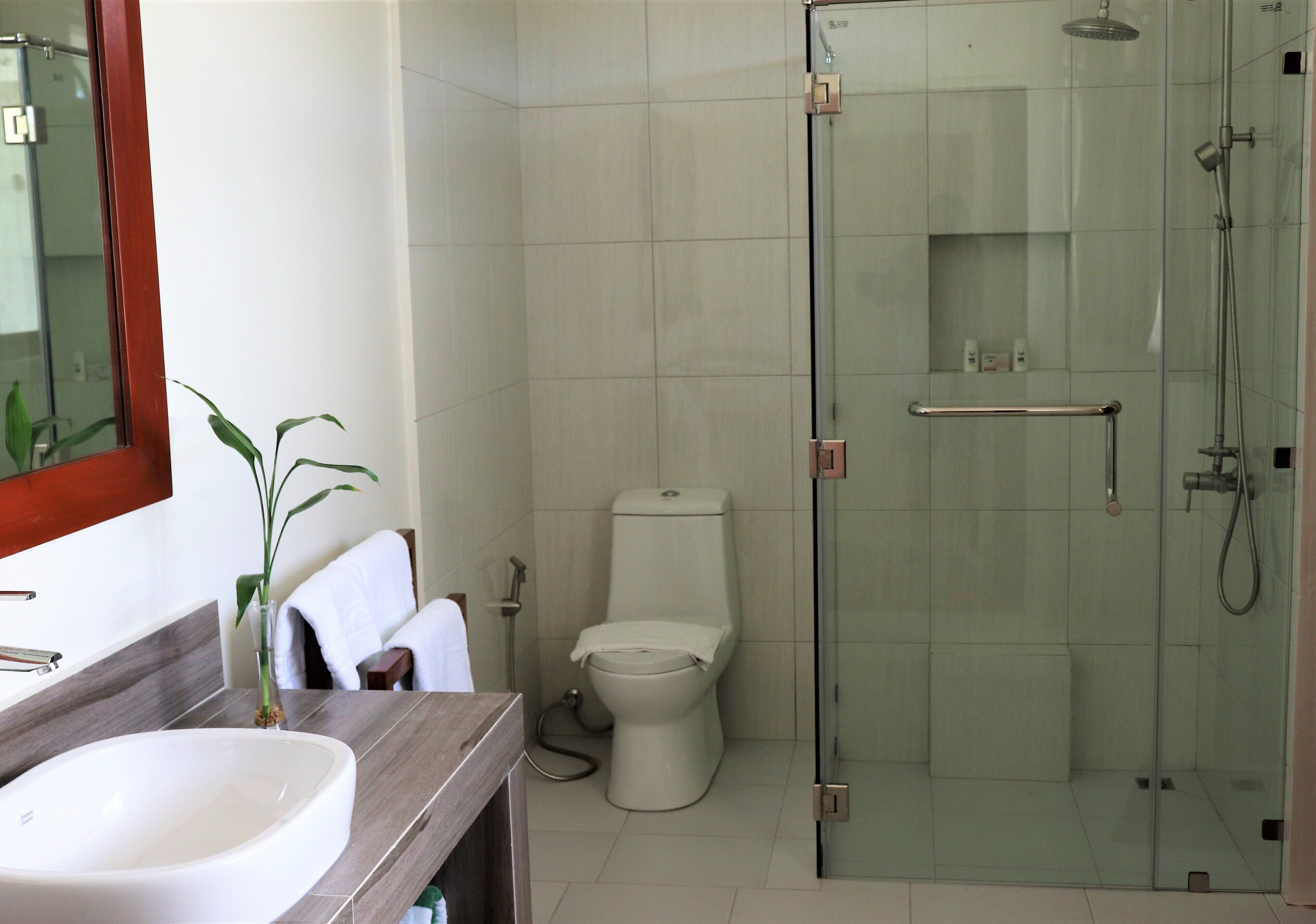 A modern bathroom with a glass-enclosed shower, a white toilet, and a wooden vanity with a sink.