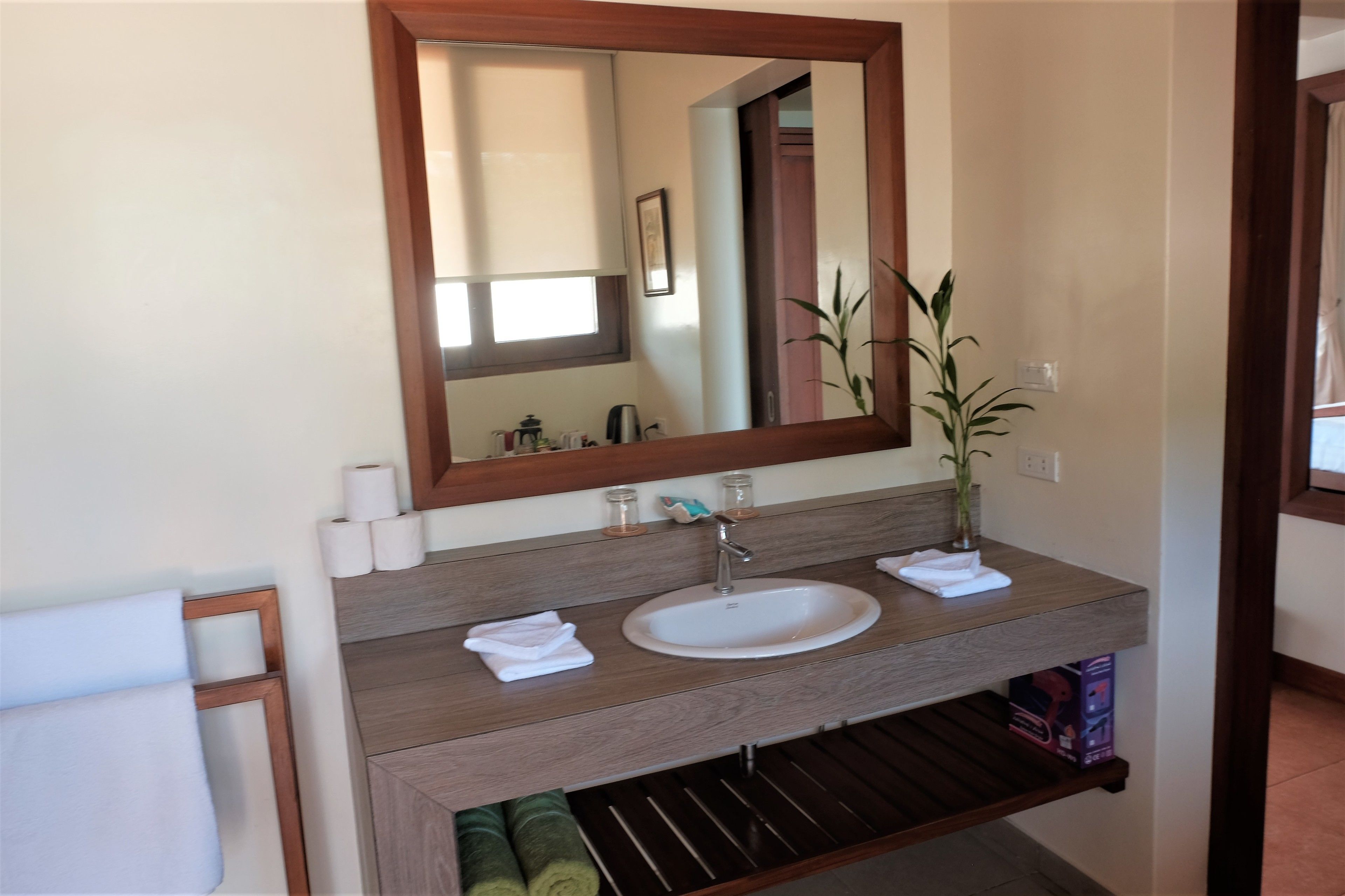 A bathroom with a wooden vanity, a white sink, and a mirror. There are towels and a potted plant on the vanity.