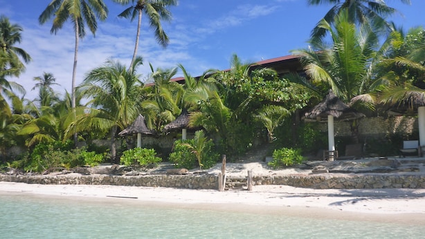A beach with clear turquoise water, palm trees, and a thatched-roof structure.