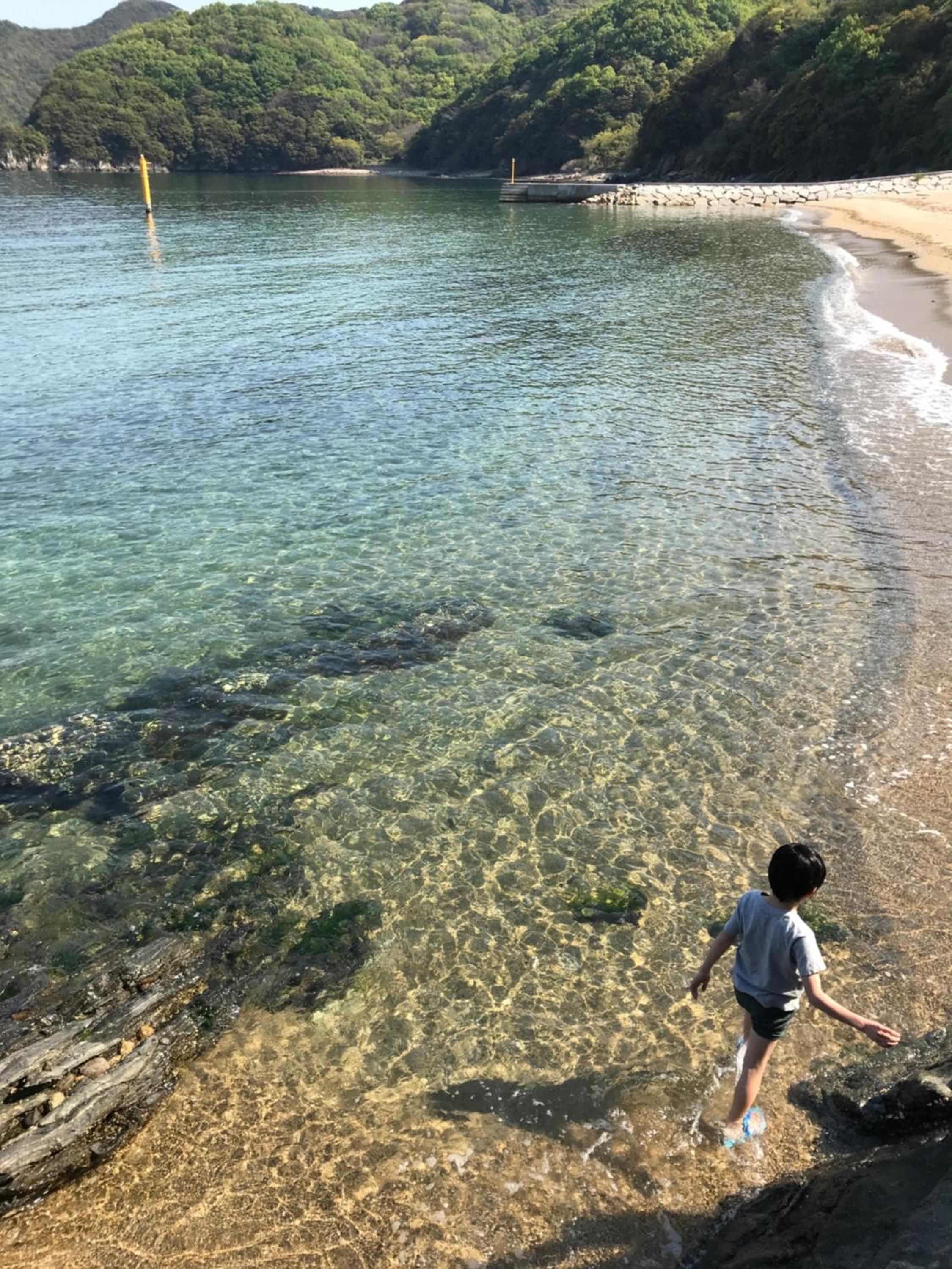 A clear view of a beach with a person standing at the water's edge.