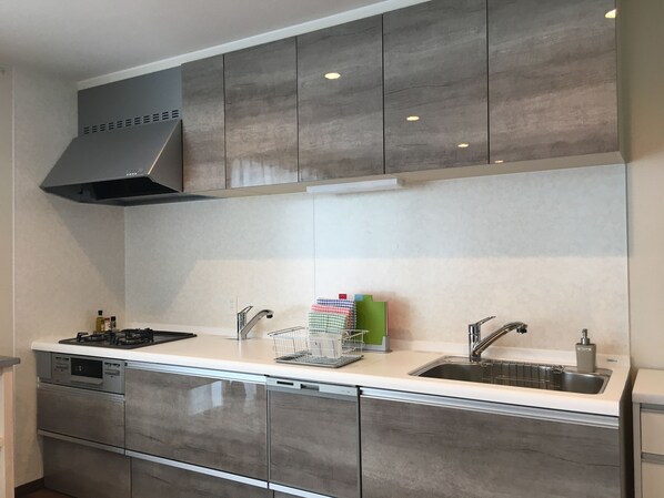 A modern kitchen with grey cabinets, a stainless steel sink, and a built-in dishwasher.