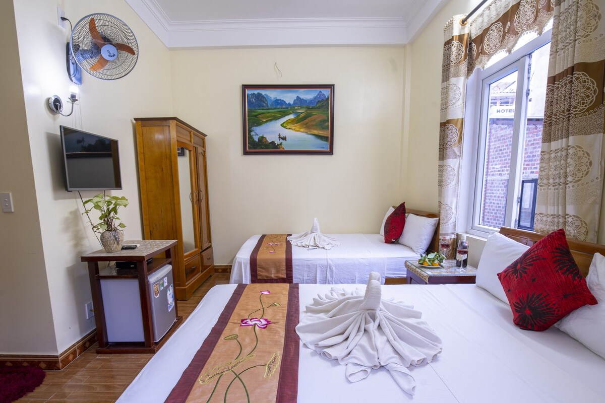 Habitación de hotel con dos camas, televisión, ventilador, un cuadro y una ventana con cortinas.