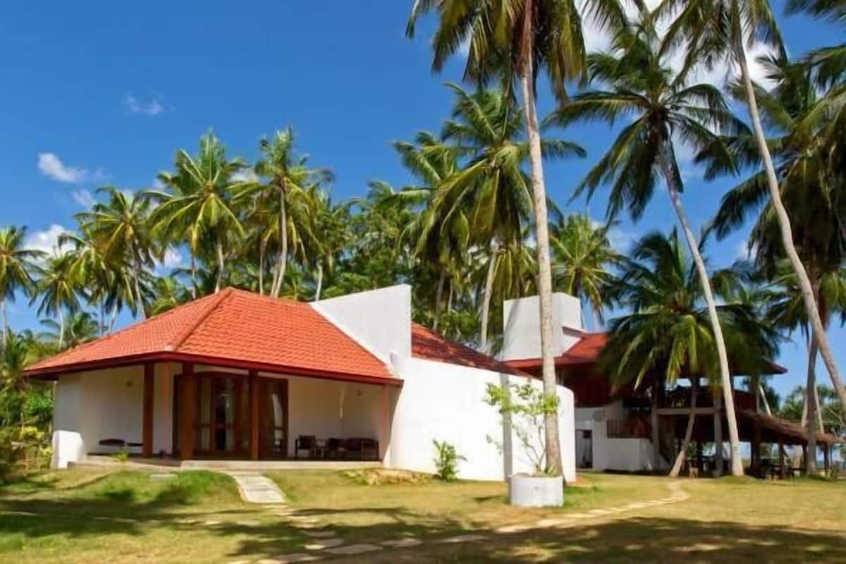 A white building with a red roof, surrounded by palm trees.
