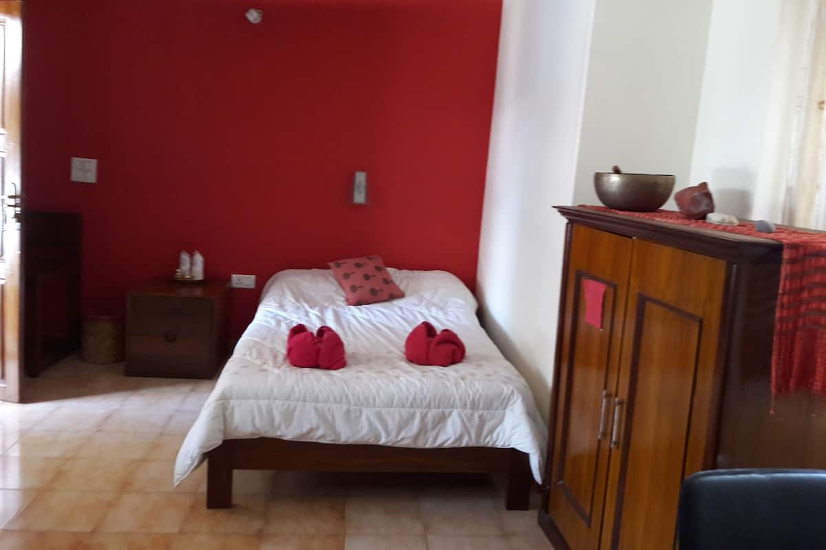 A bedroom with a bed, a wooden wardrobe, a nightstand, and a red wall.