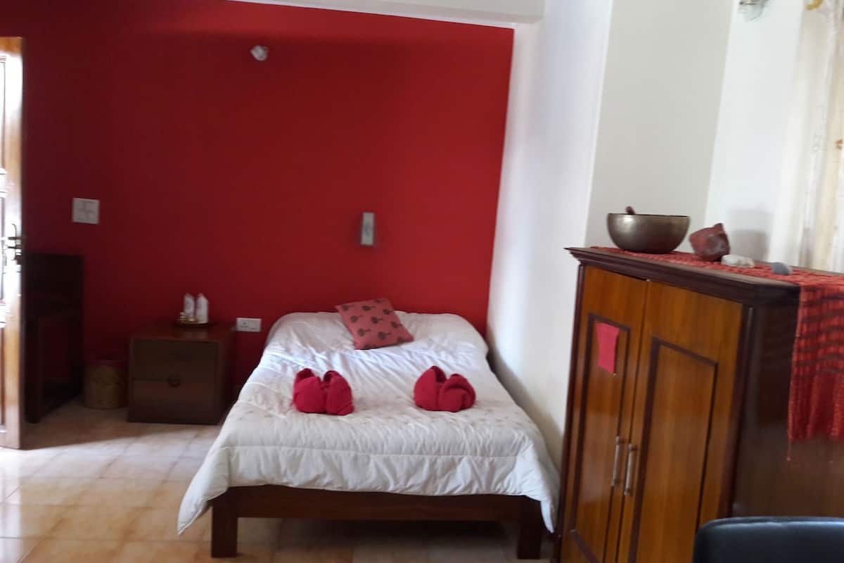 A bedroom with a bed, a wooden wardrobe, a nightstand, and a red wall.