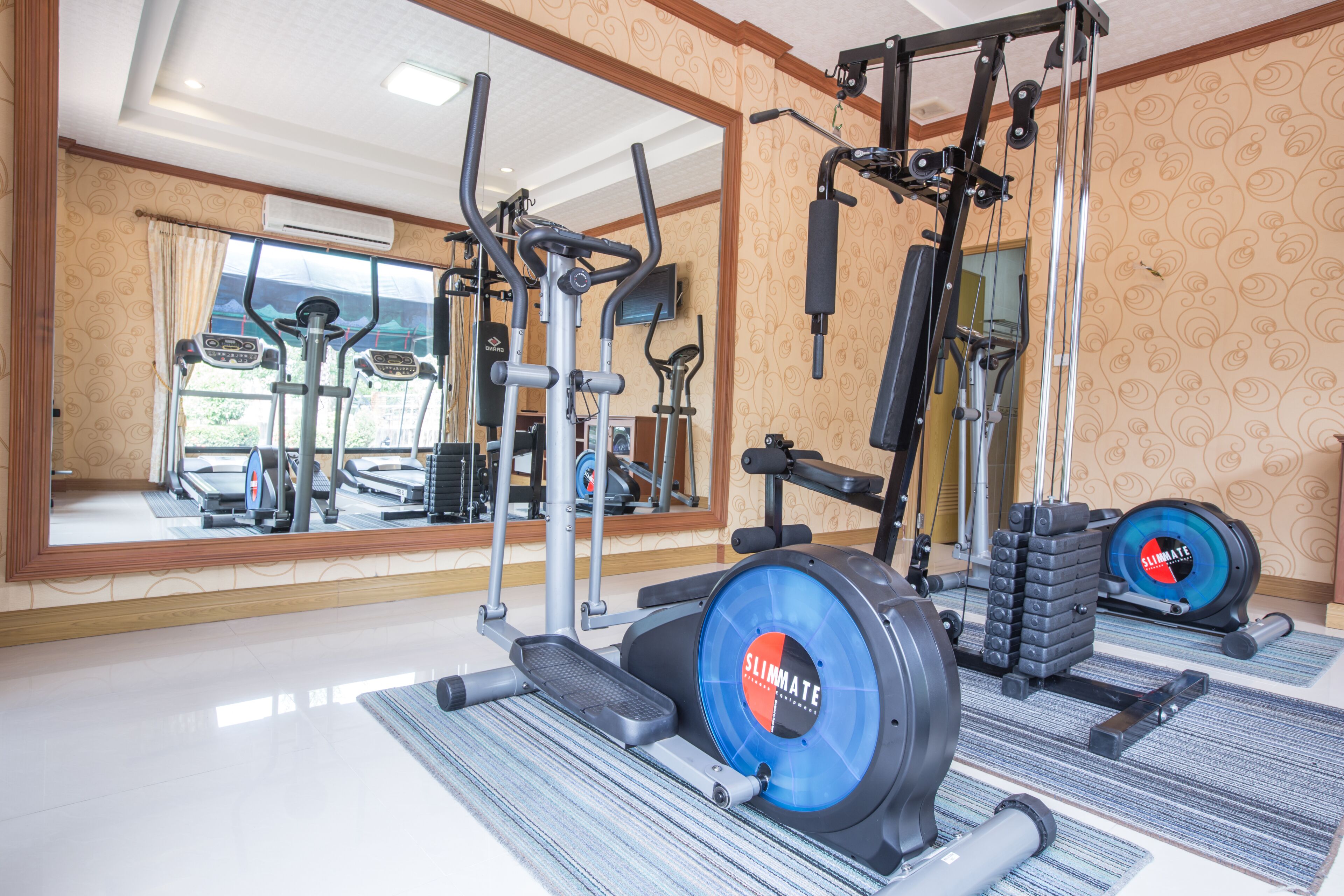 A gym with various exercise equipment, including treadmills, a stationary bike, and weight machines.