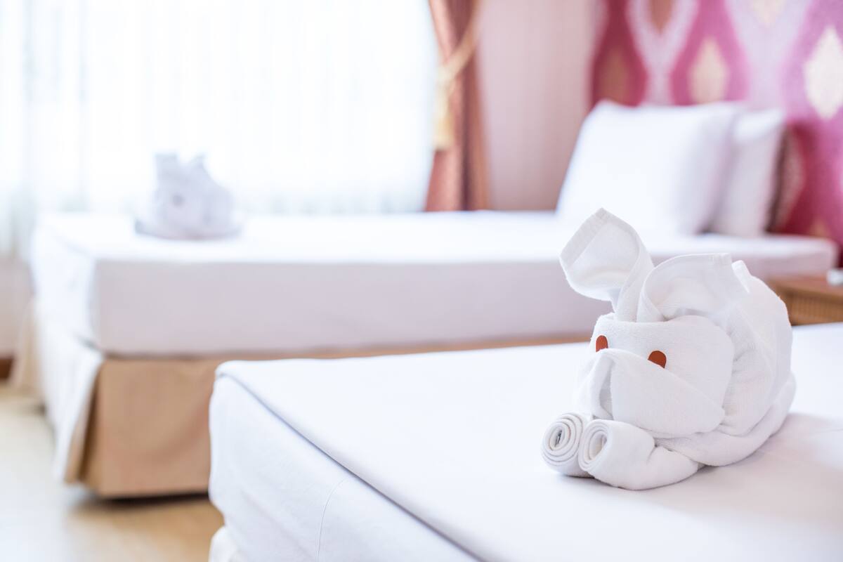 A neatly made white towel on a bed with a white pillow and a white cushion in the background.