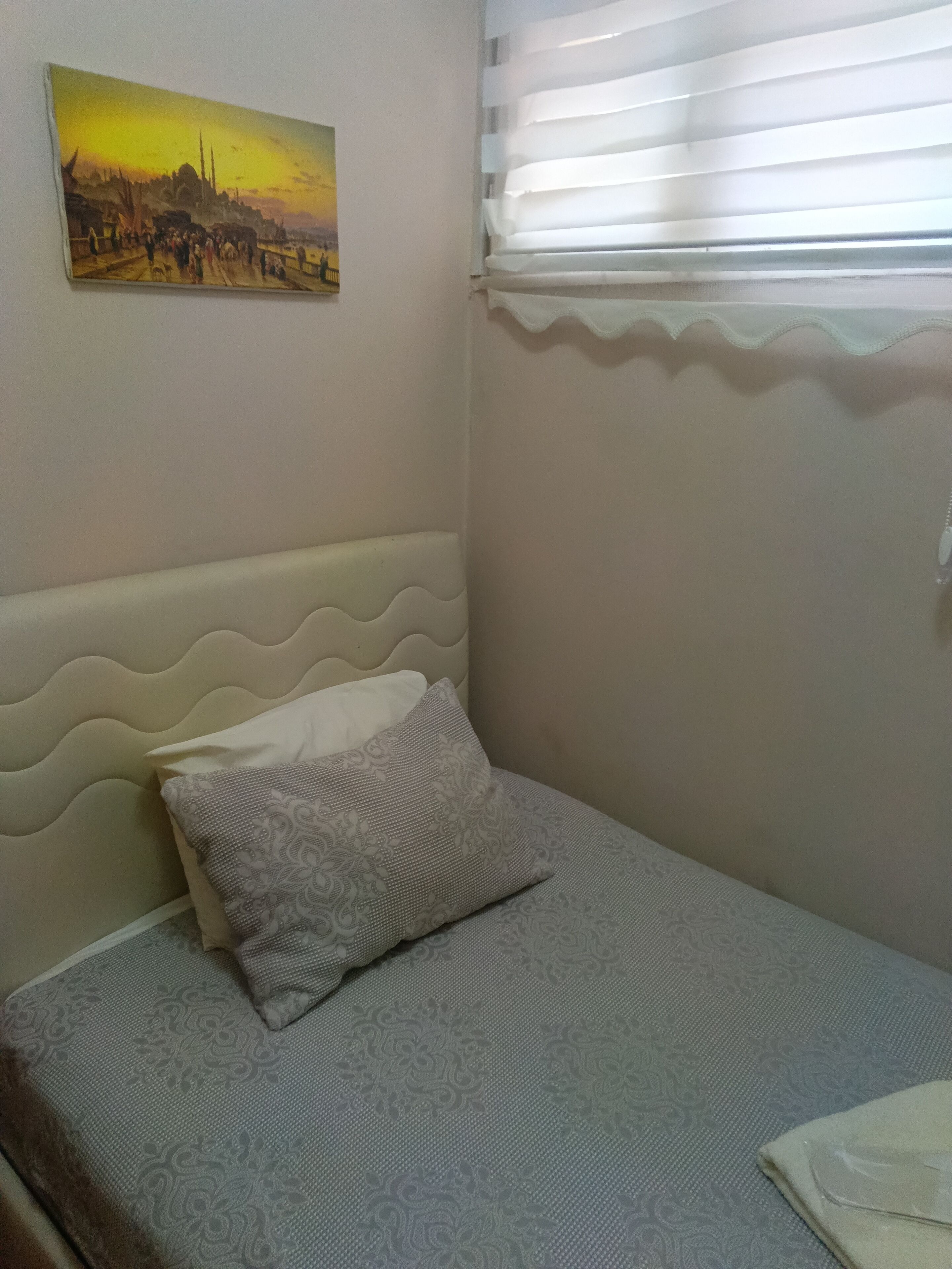Un dormitorio con cama, almohada, cabecera, ventana con persianas y un cuadro colgado en la pared.