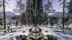 Un cortile innevato con piante in vaso e una vista chiara di montagne innevate sullo sfondo.
