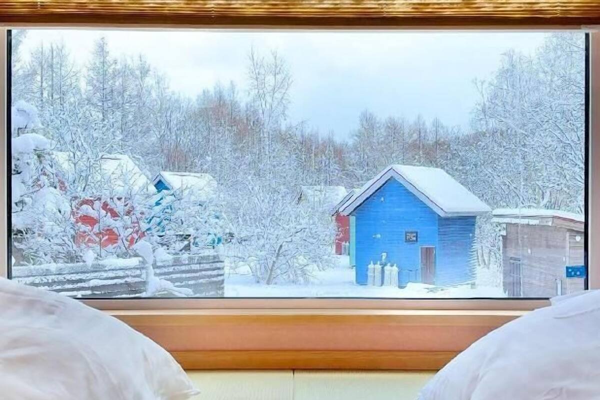 A room with a large window, a bed, and a view of a snowy landscape with a blue building.