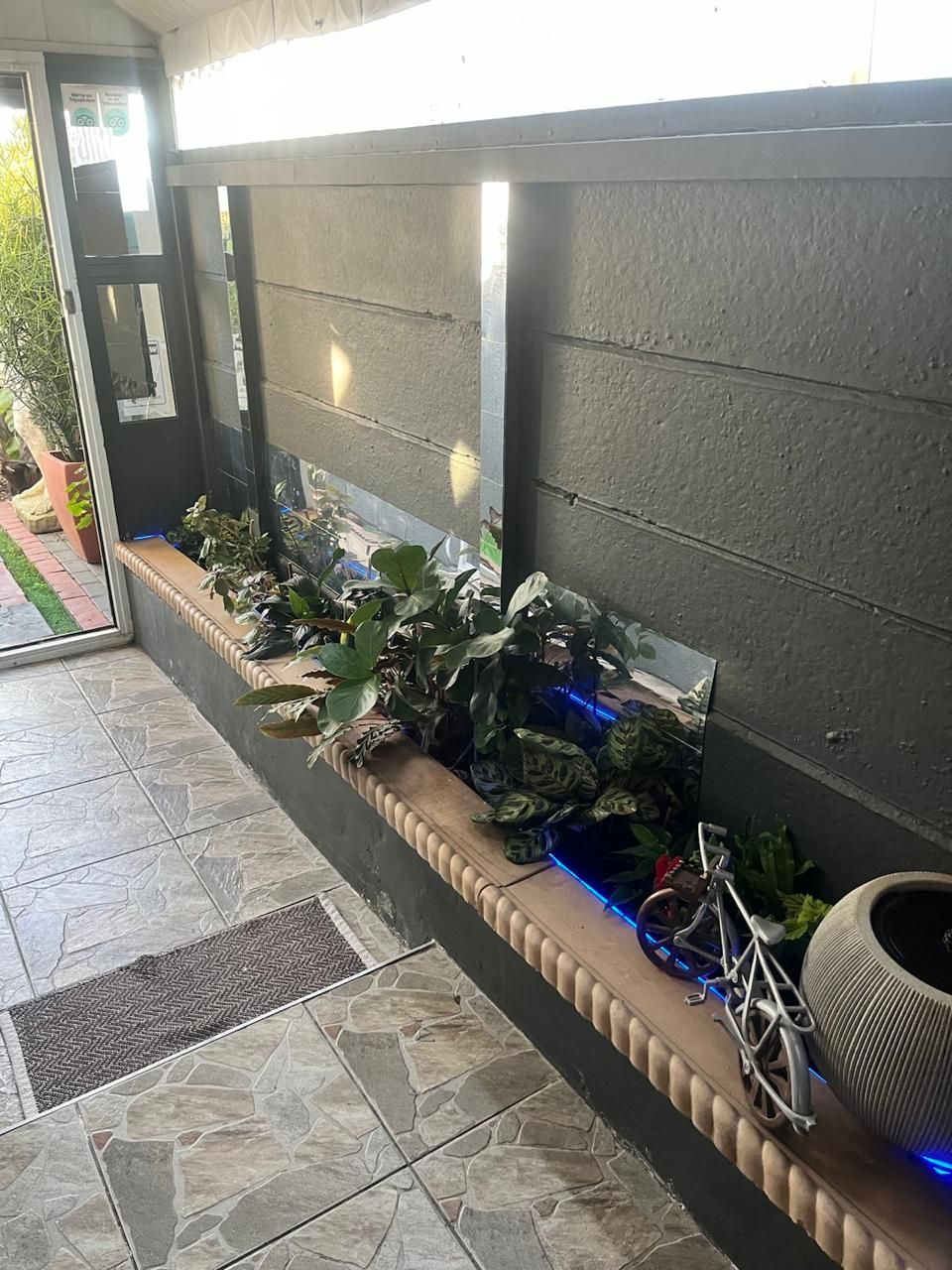 A reception area with a tiled floor, a bench, a wall-mounted planter with plants, and a bicycle.
