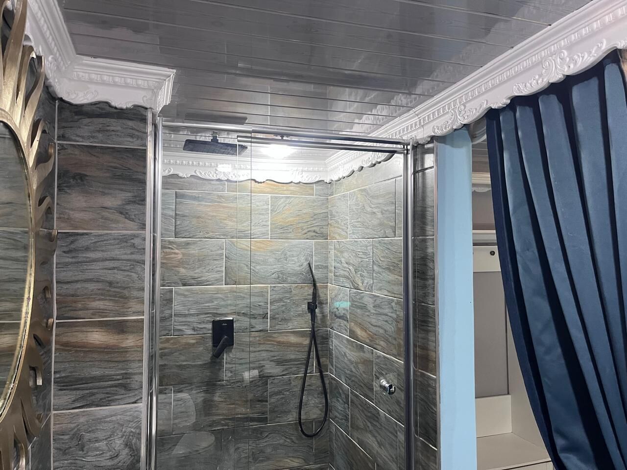 A shower with a glass door, a towel rack, and a control panel.