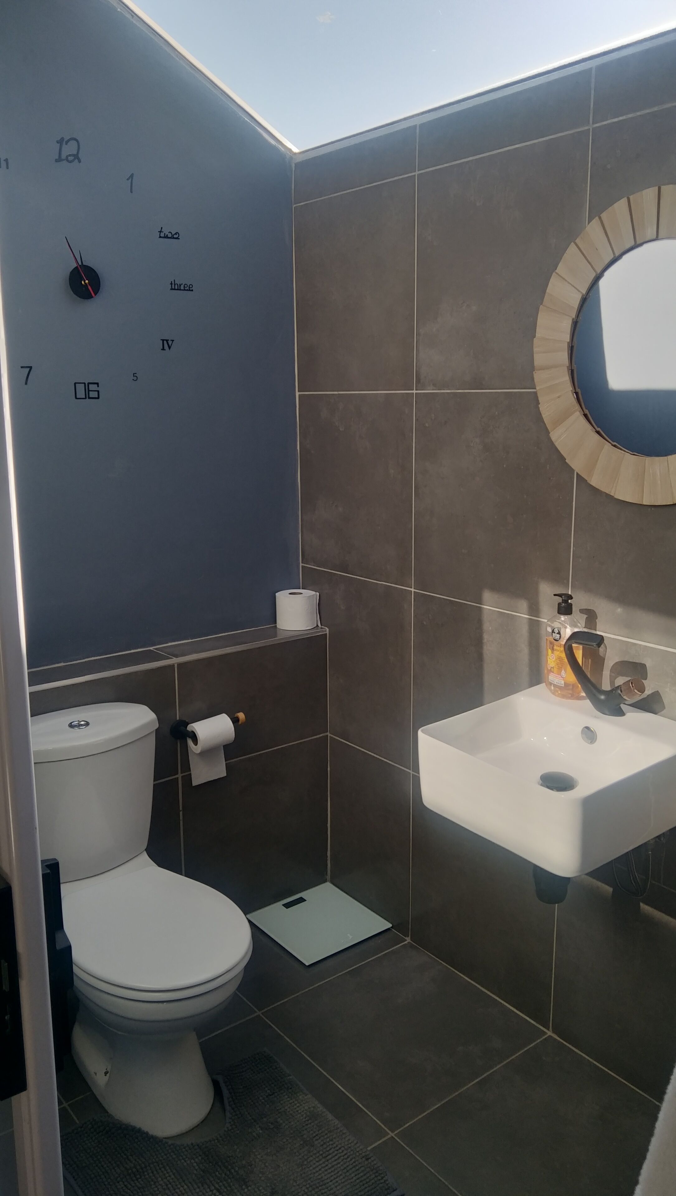 A modern bathroom with a toilet, sink, and mirror.