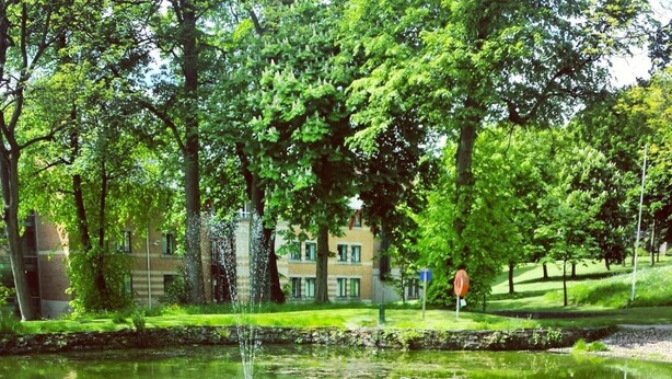 A pond with water lilies and a fountain, surrounded by lush green trees and a building in the background. - Jonas Hotel (Sheffield)