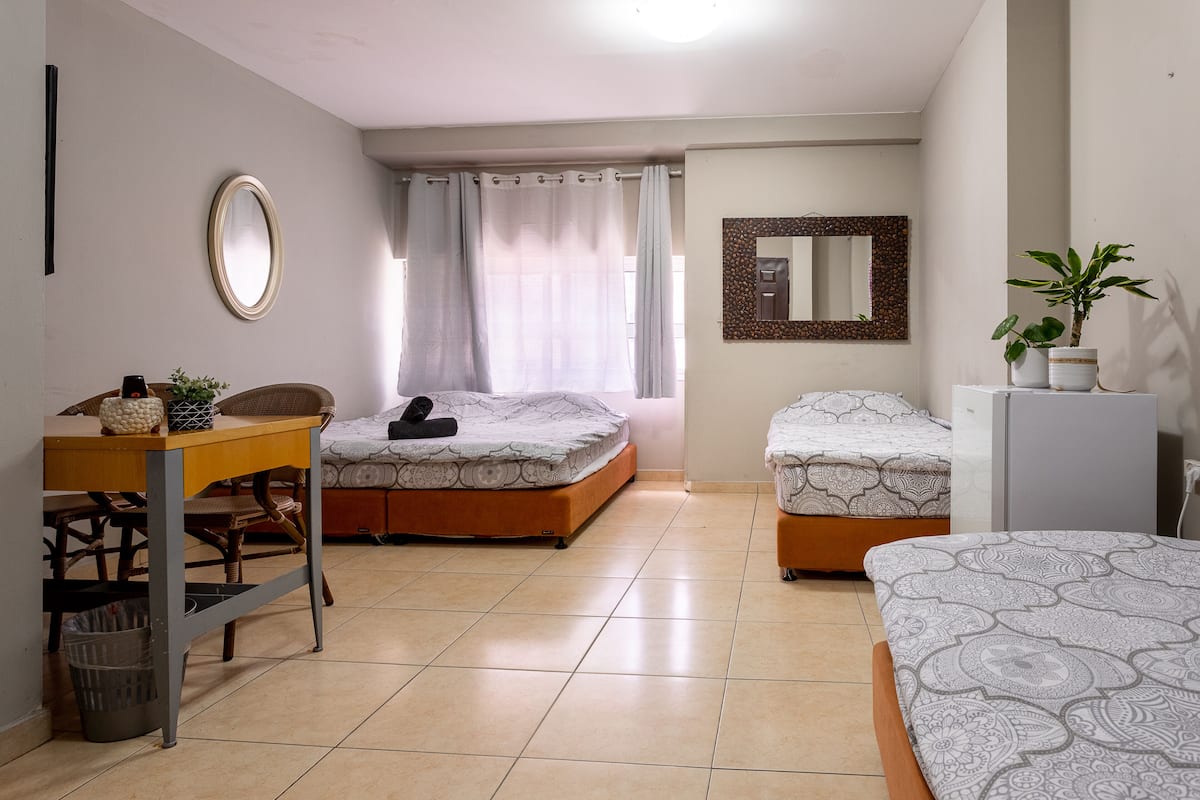 Una habitación compacta con cama, escritorio, silla, refrigerador pequeño y planta en maceta.