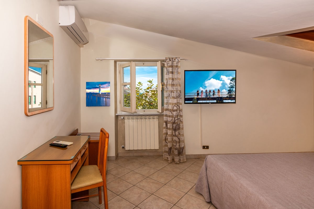 A bedroom with a bed, a desk with a chair, a TV, a window with a view, and a radiator.