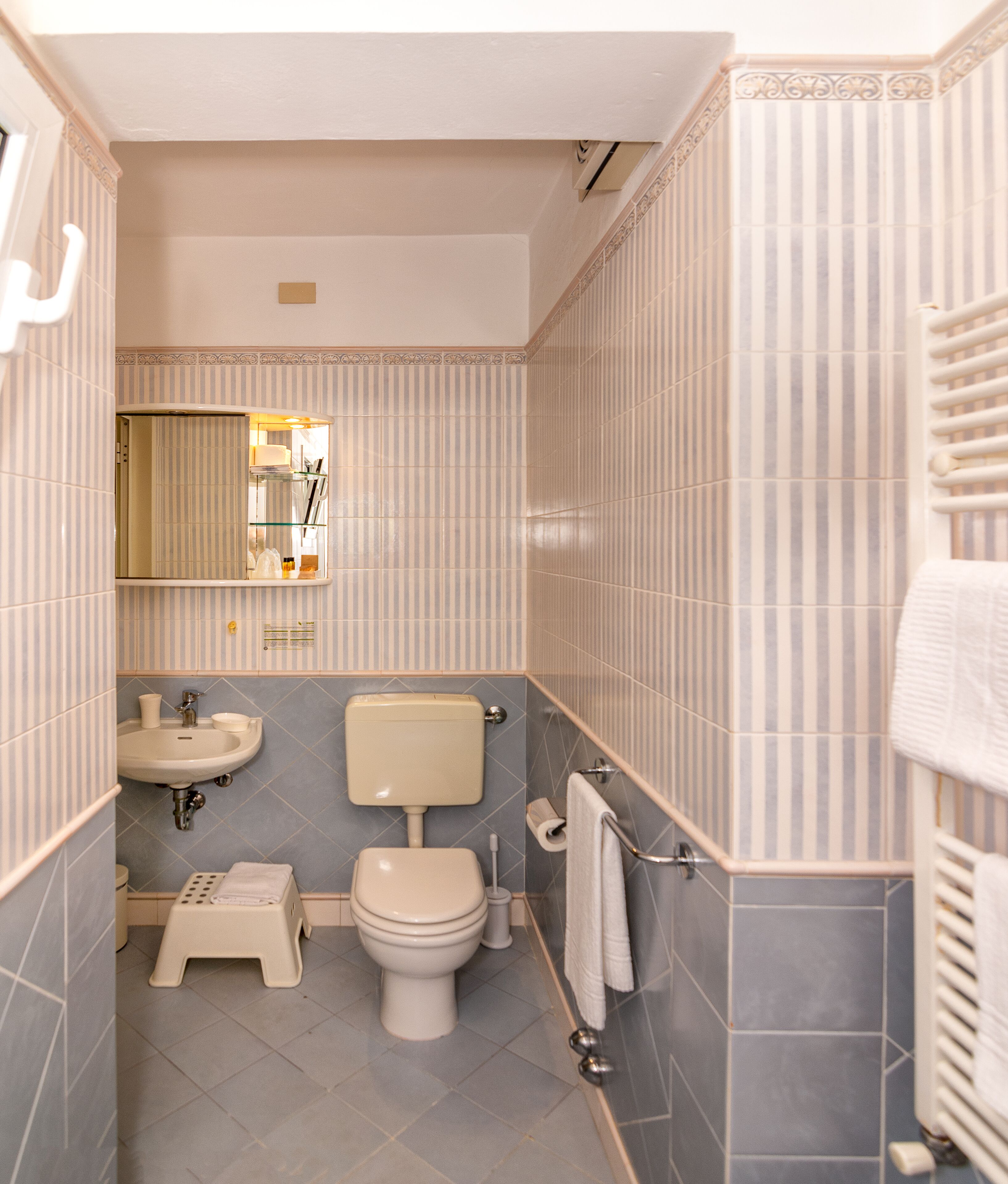 A bathroom with a toilet, sink, and mirror.