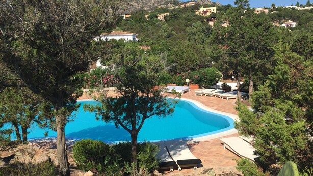 Una piscina envoltada per arbres i roques, amb una vista de cases al fons.