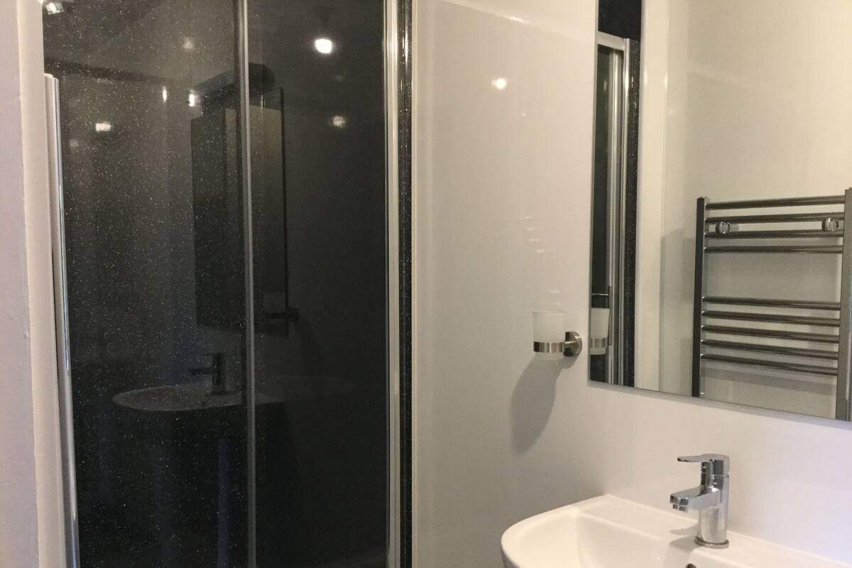 A modern bathroom with a glass shower enclosure, a white sink, and a mirror reflecting a towel rack.