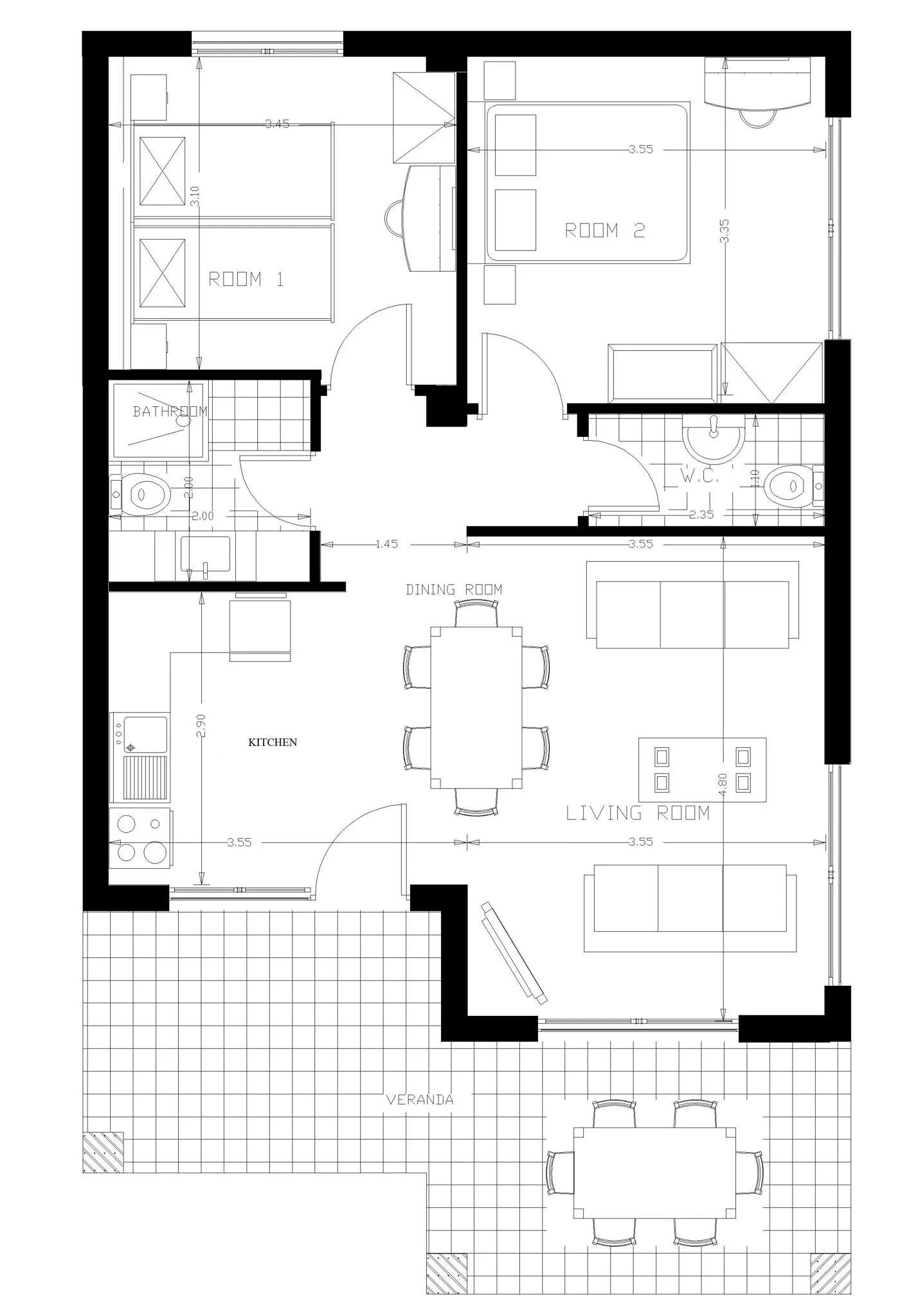 Plano de planta de un hotel con dos dormitorios, un baño, una cocina, un comedor, una sala de estar y un porche.