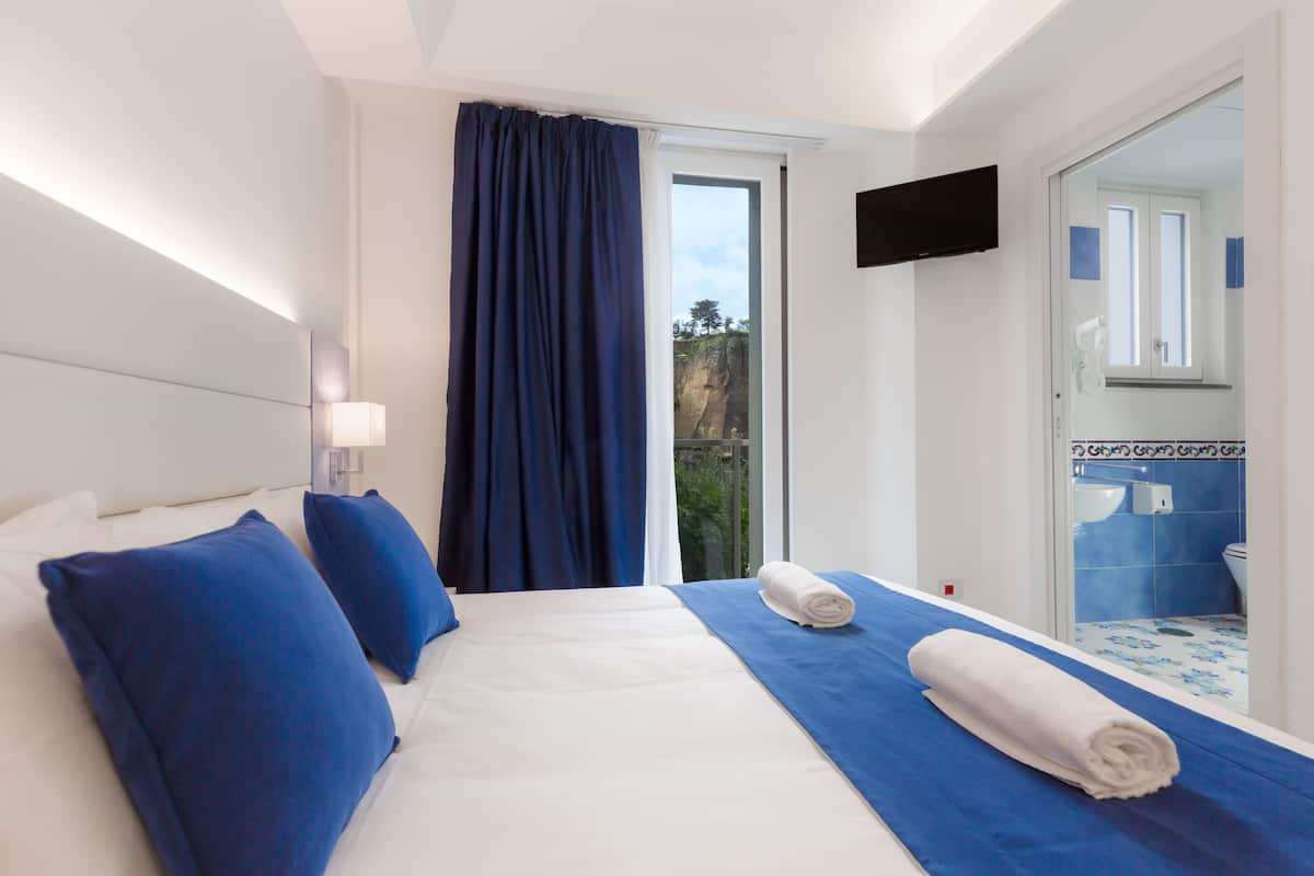Habitación de hotel con cama, almohadas azules, una toalla enrollada, televisor y baño con ducha e inodoro.