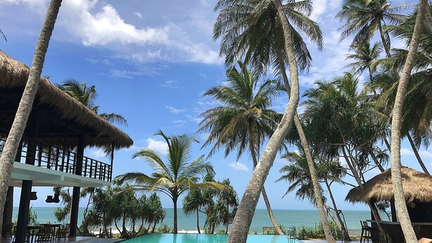 A poolside area with a clear view of the ocean, surrounded by palm trees and thatched-roof structures. - Mandala Villas (Rekawa)
