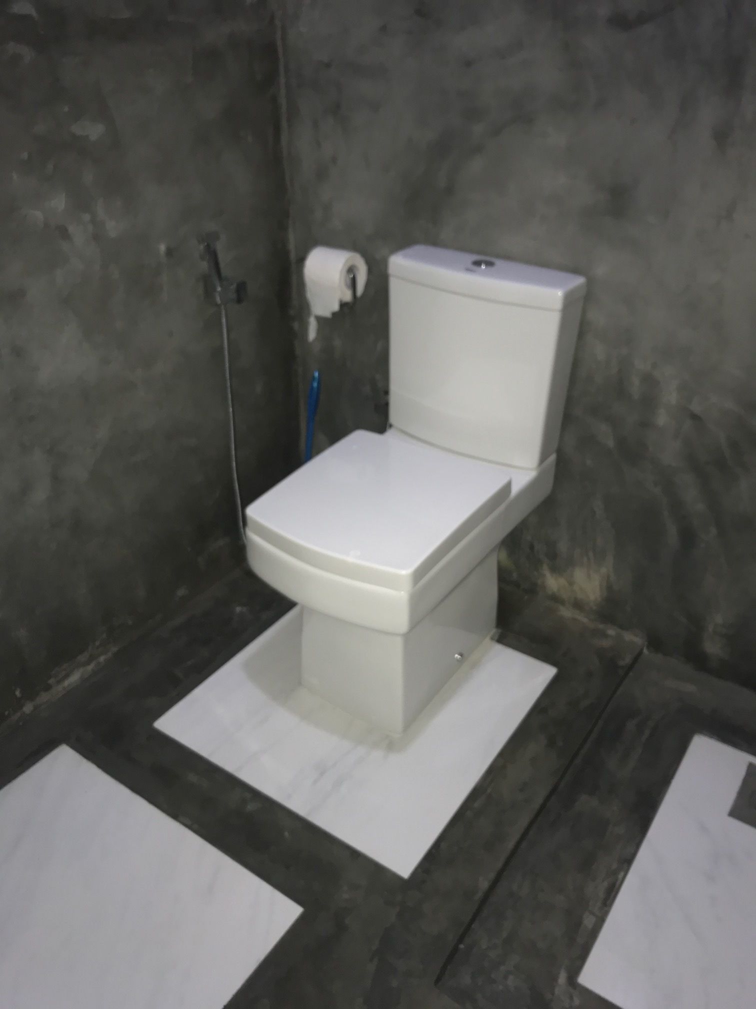 A white toilet in a bathroom with a grey wall and a roll of toilet paper on the wall.