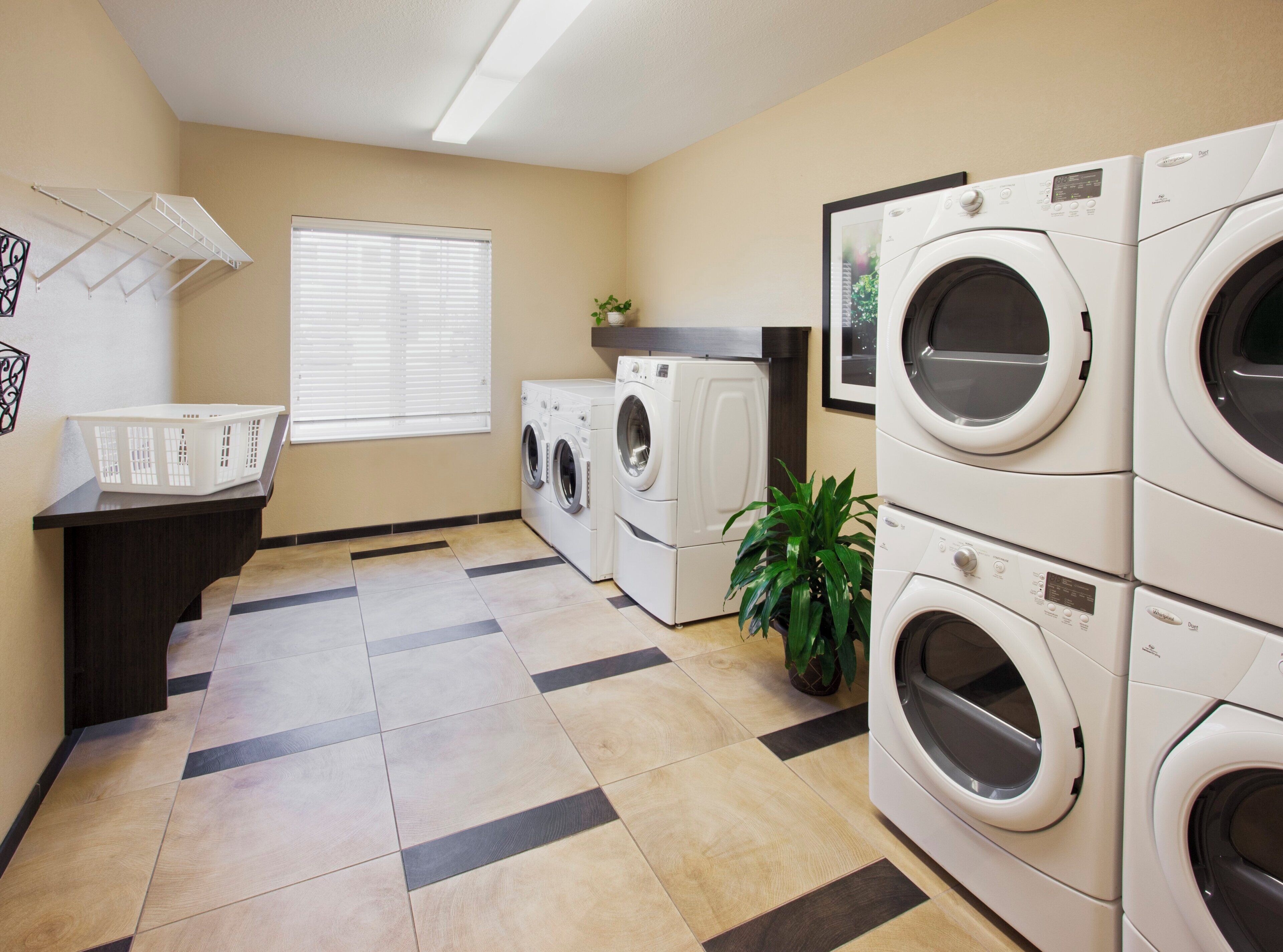 A laundry room with multiple washing machines, a drying rack, a potted plant, and a window with blinds.