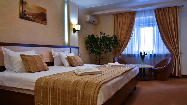 Una habitación de hotel con una cama grande, una mesita, una silla, una planta en maceta y un cuadro en la pared.