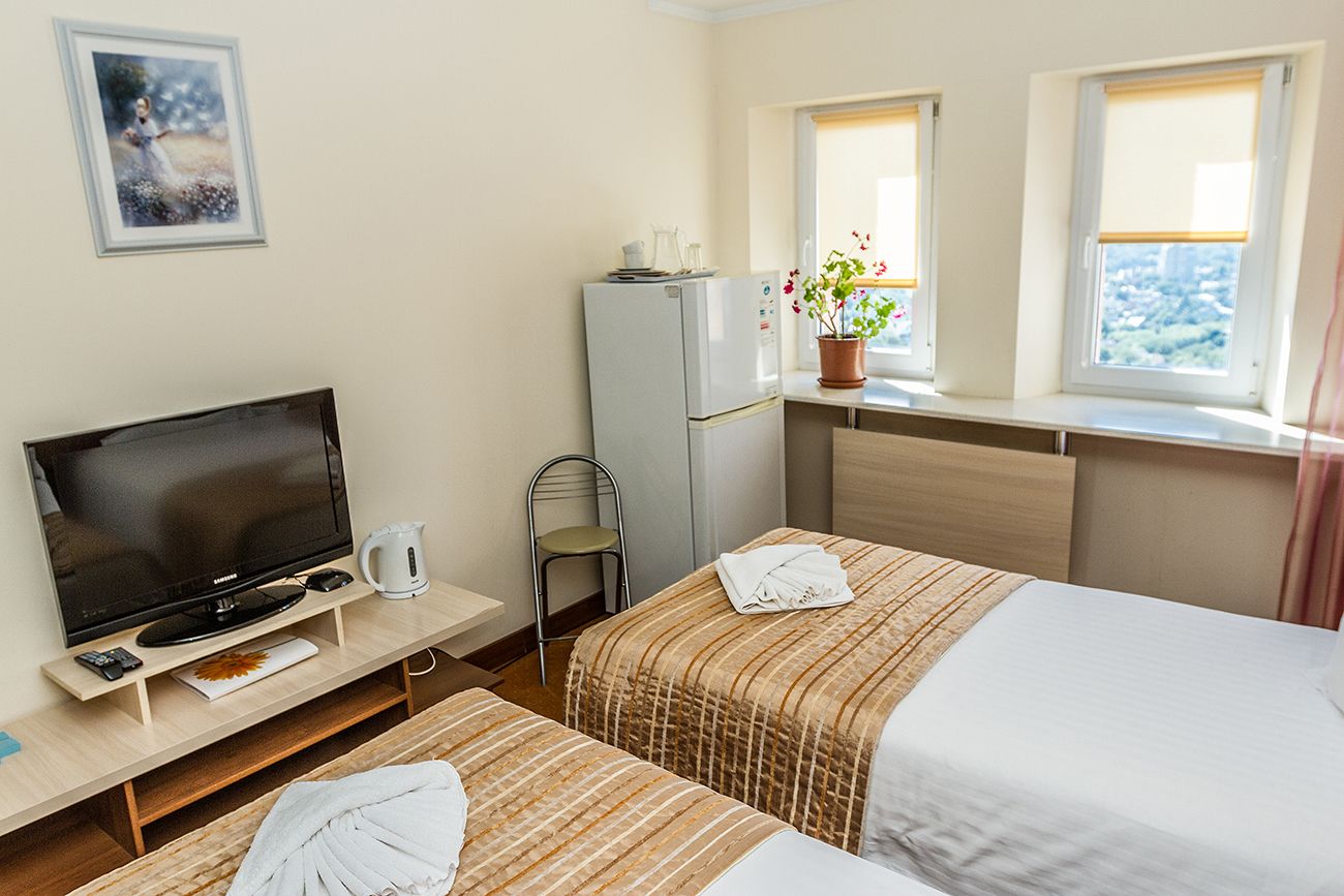 Habitación de hotel con dos camas, televisión, refrigerador, planta en maceta y ventana con vista.