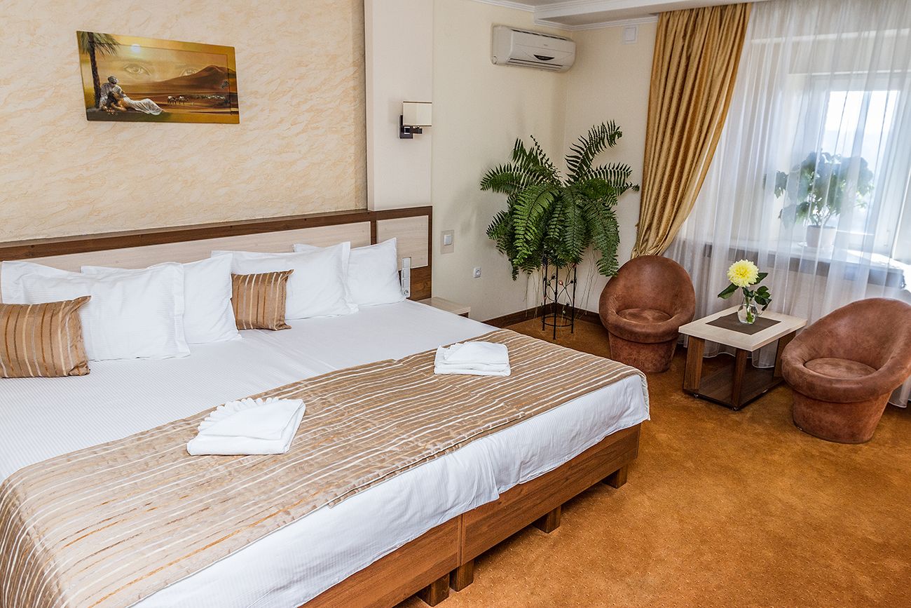 Una habitación de hotel con una cama grande, dos sillas, una mesita y una planta en maceta.