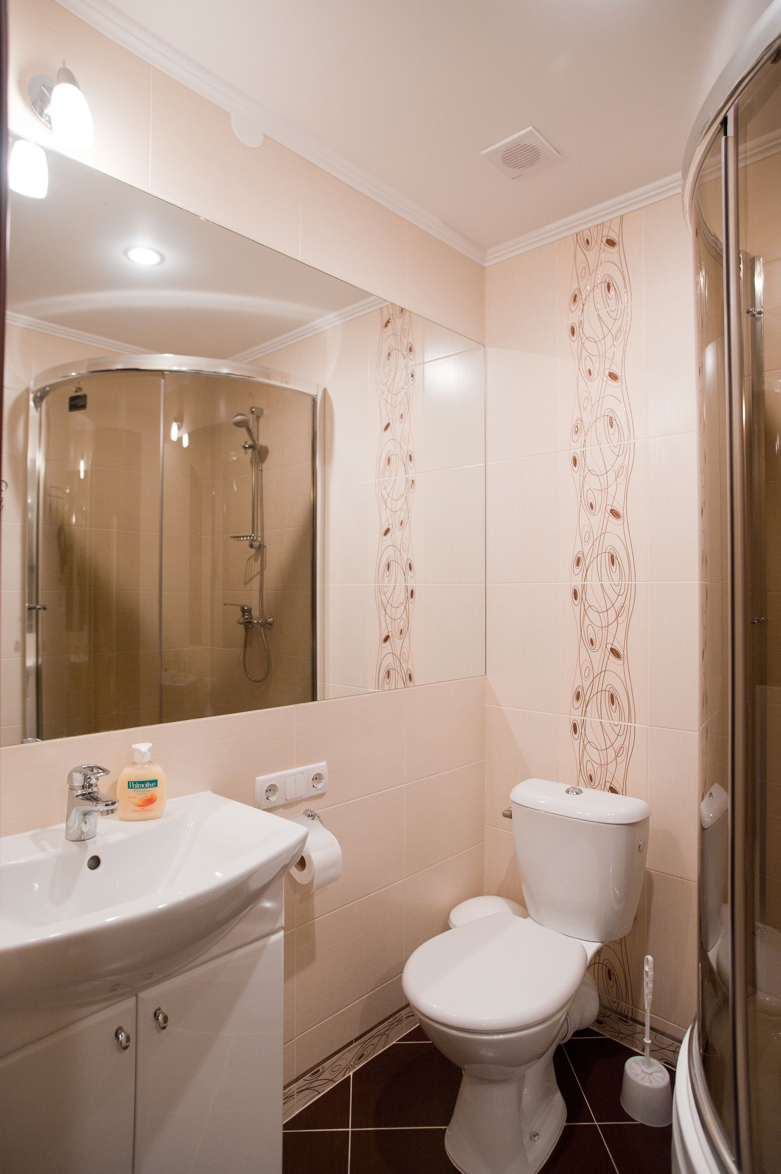 Un baño con ducha de vidrio, lavamanos con dispensador de jabón e inodoro.