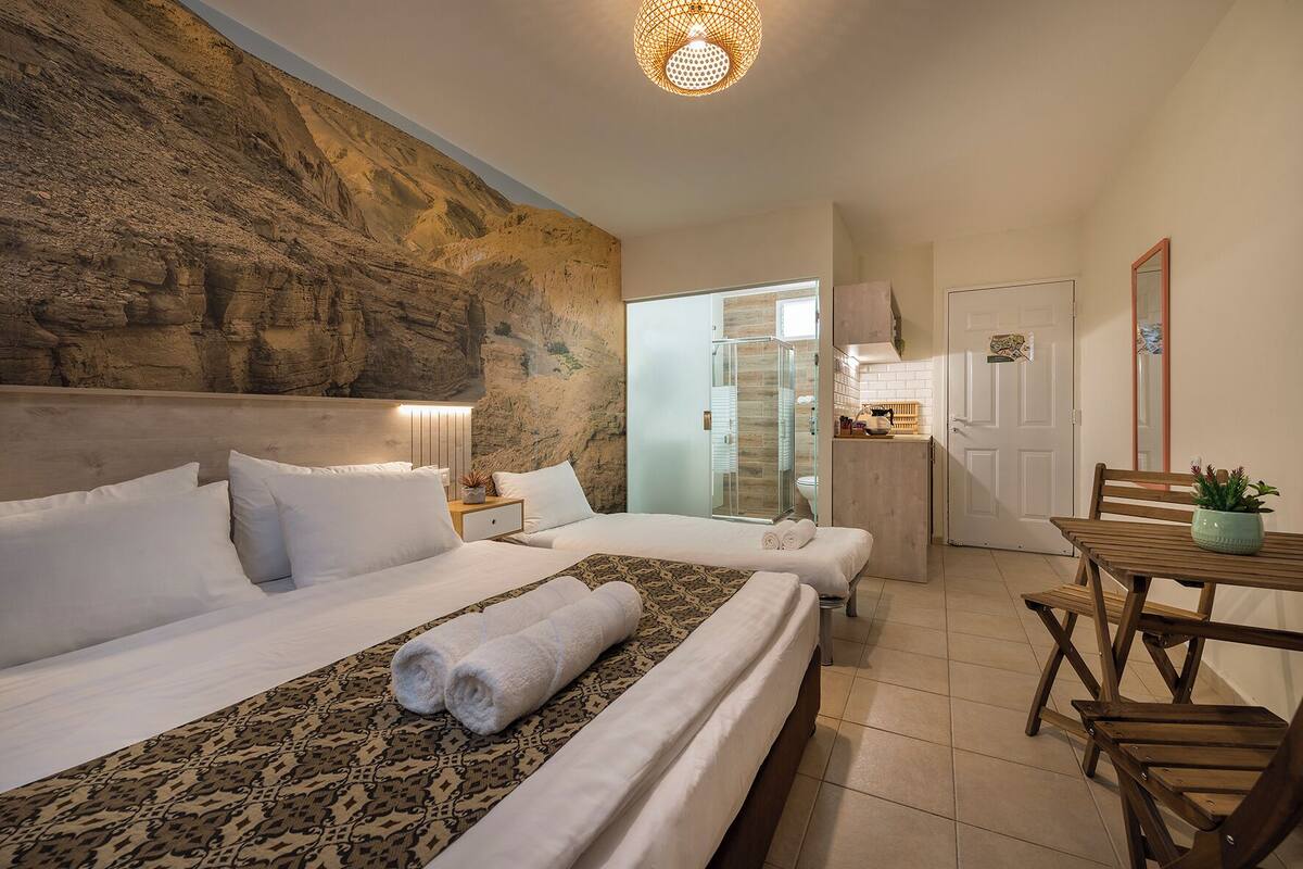 Habitación de hotel con una cama grande, un escritorio y zona de ducha.
