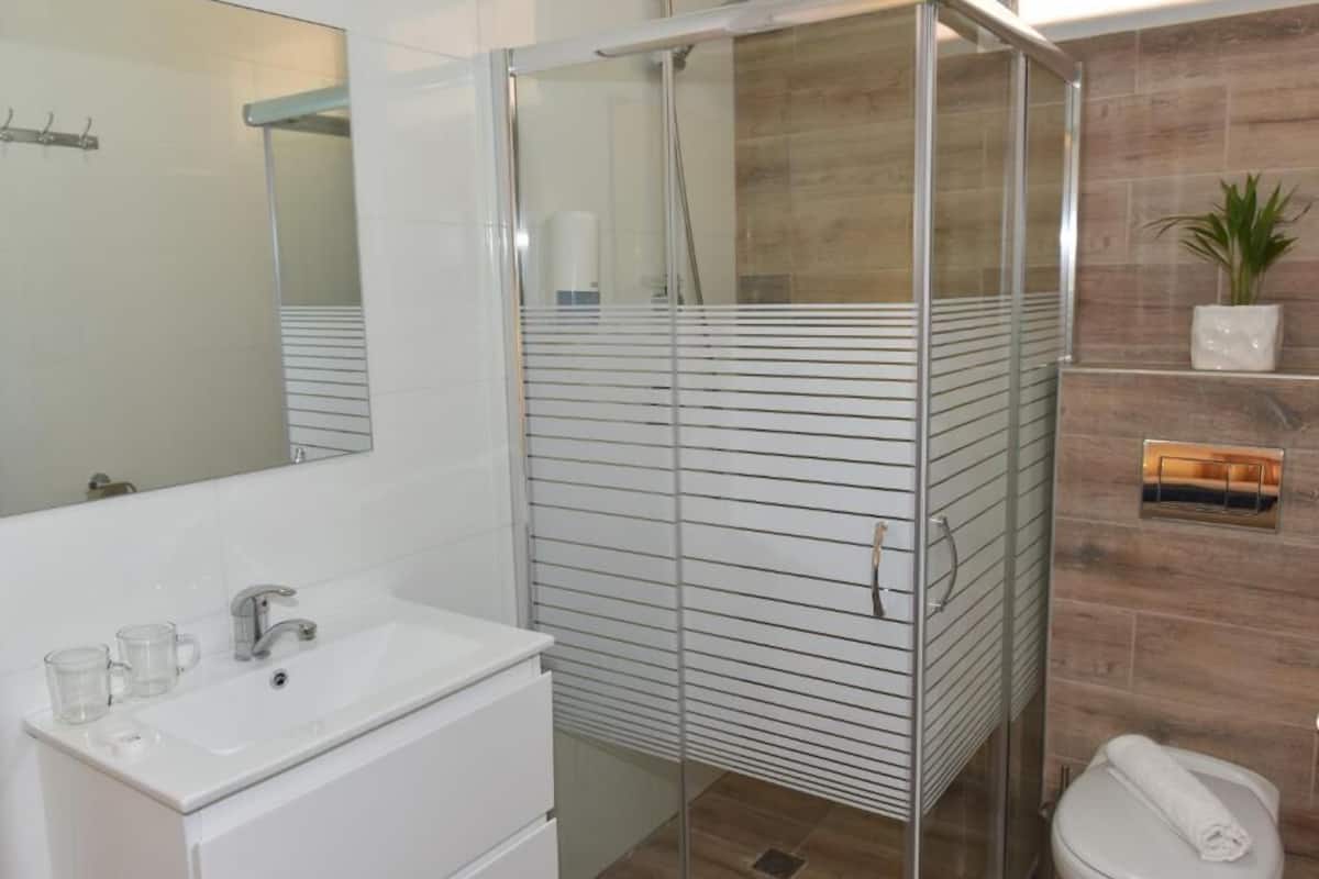 shower, free toiletries, hair dryer, towels