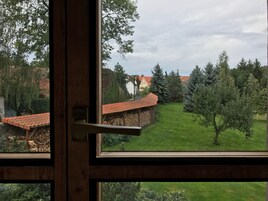 Vista a través de una ventana con marco de madera, que muestra un césped verde, árboles y un edificio con techo rojo.