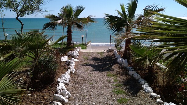 A gravel path leading to a beach with palm trees and a fence. - Mavi Cennet Camping Pansiyon (Manavgat)