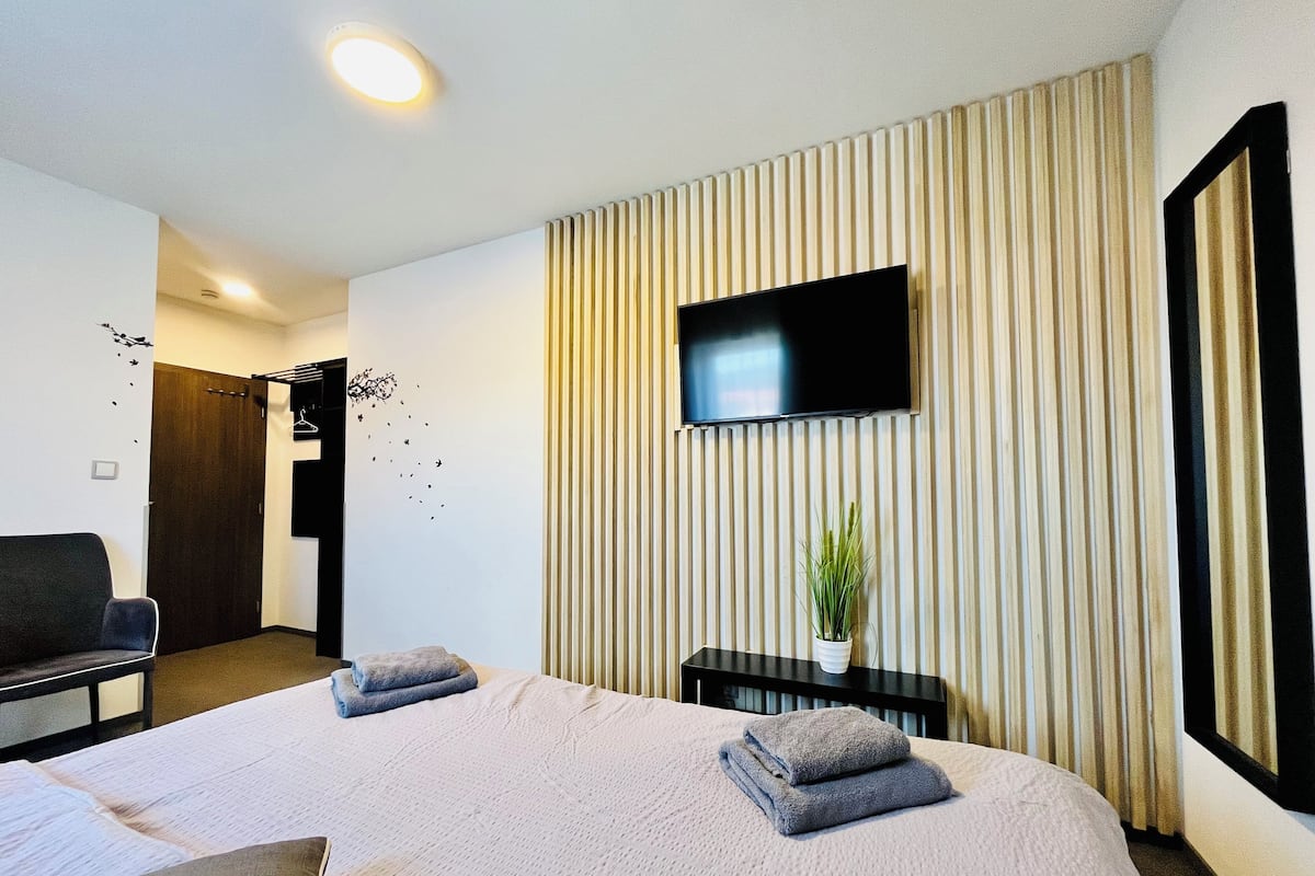 A modern hotel room with a large bed, a flat-screen TV mounted on the wall, a small table with a plant, and a seating area with a chair and a sofa.