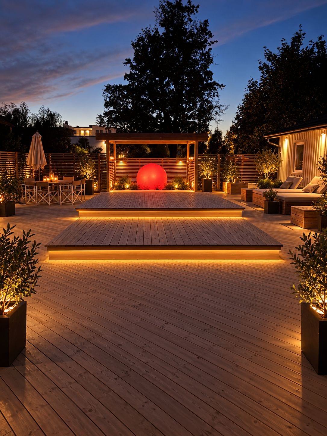Una terraza de madera con una zona de estar central, rodeada de plantas y una pérgola con luces.