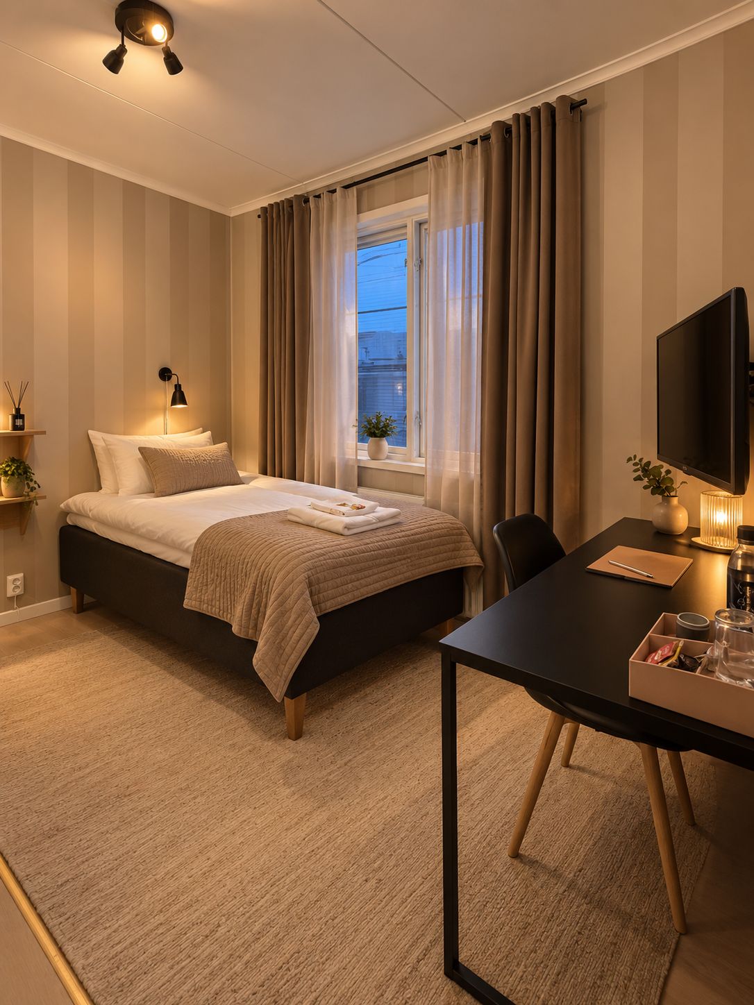 A hotel room with a bed, bedside table, lamp, TV, and a window with curtains.