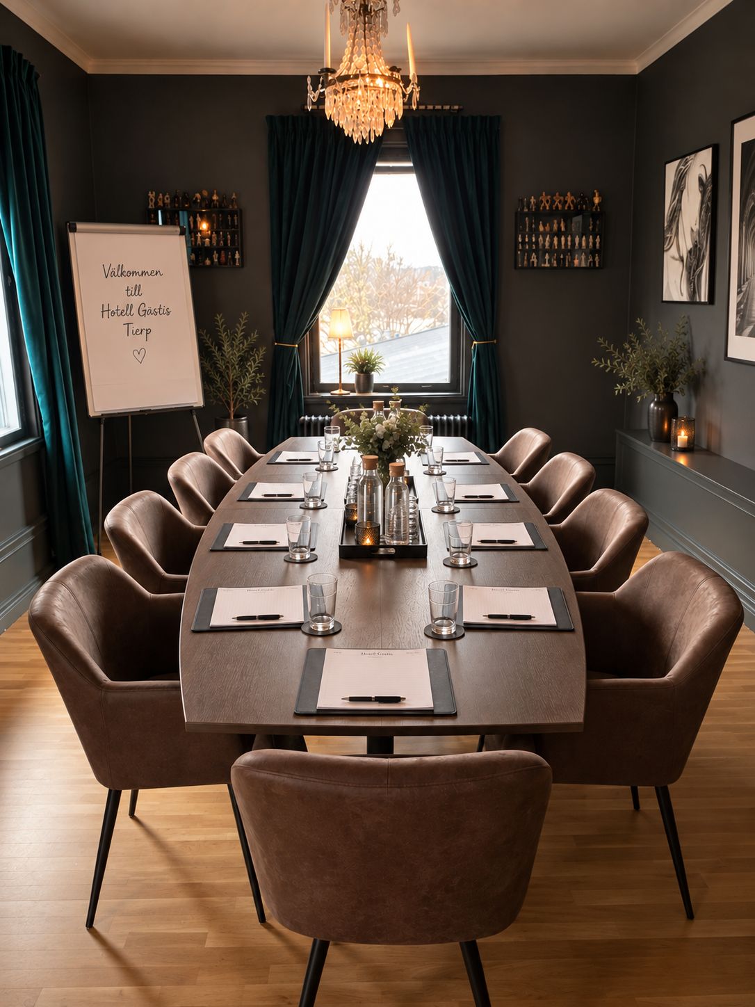 A conference room with a long table, leather chairs, a chandelier, and a view of the outdoors.