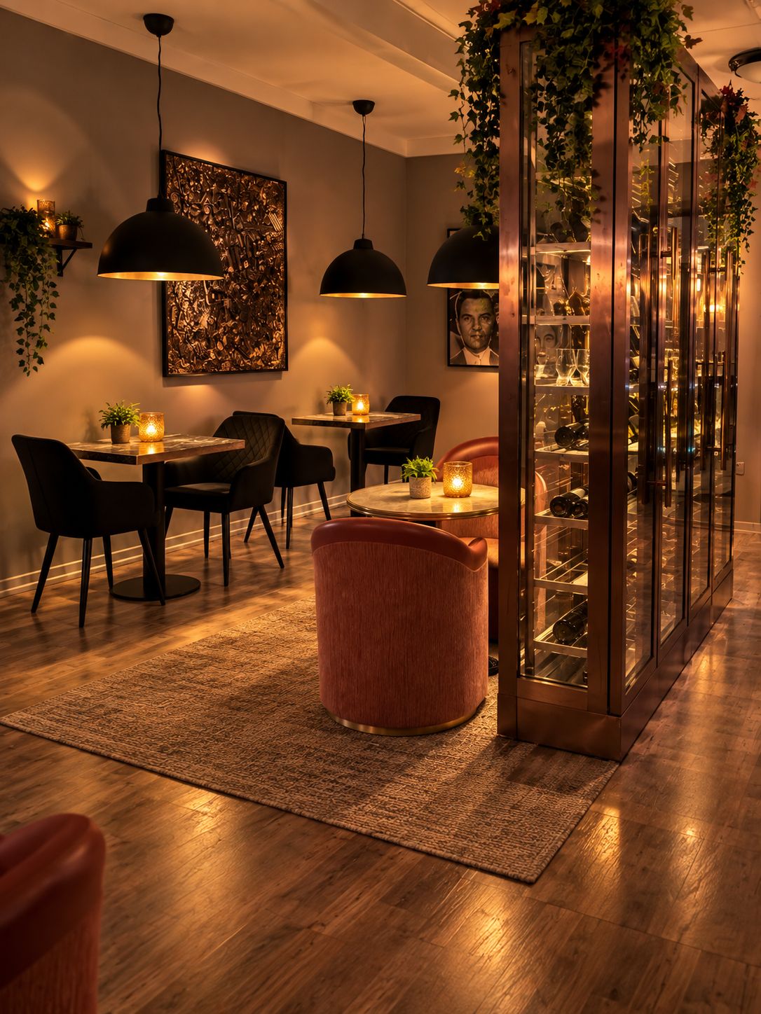 A modern dining area with a wooden table, black chairs, and pendant lights.