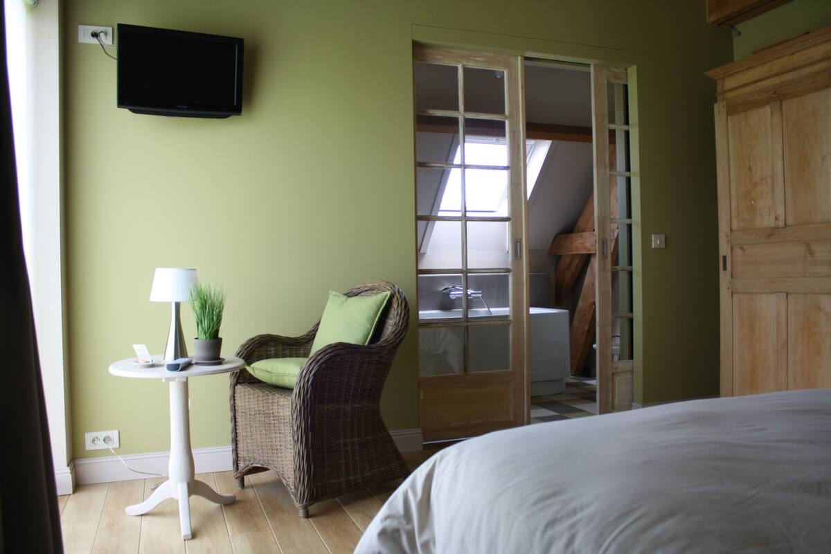 Quarto com cama, cadeira de vime com almofada verde, mesinha com luminária e planta, televisão na parede e guarda-roupa de madeira.