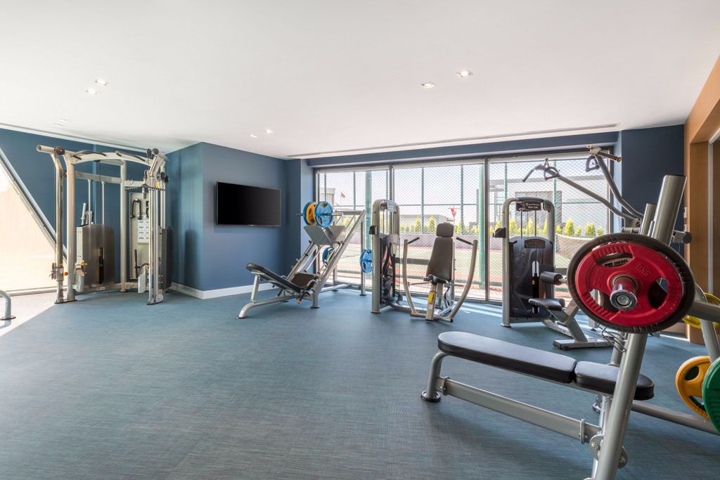 Un gimnasio con diversos equipos de ejercicio, amplias ventanas y una pared azul.