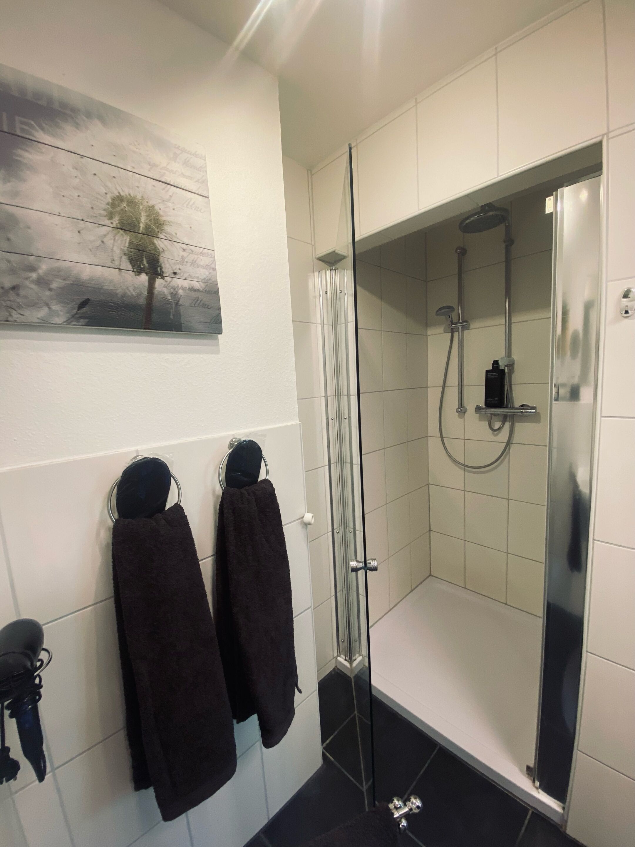 A modern bathroom with a glass-enclosed shower, white tiled walls, and a painting of a tree.